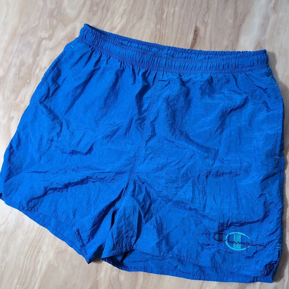 Vintage Champion Swim Trunks Shorts‎ Med Shiny Bright Blue Brief 31" x 4"